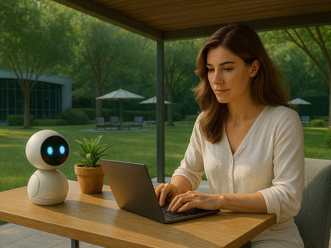 Chatbots in unserem Alltag Symbolbild für Chatbot. Frau sitzt am Laptop mit einem kleinen Mini-Roboter auf ihrem Schreibtisch