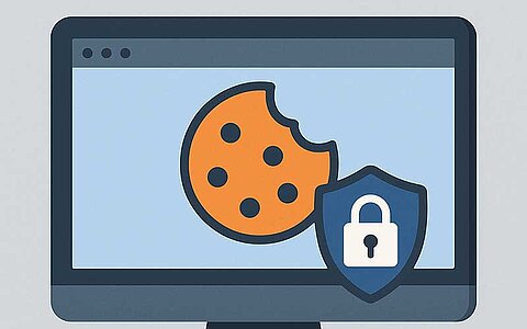 Symbolbild von einem Desktop-PC mit einem großen Cookie und einem Schloss