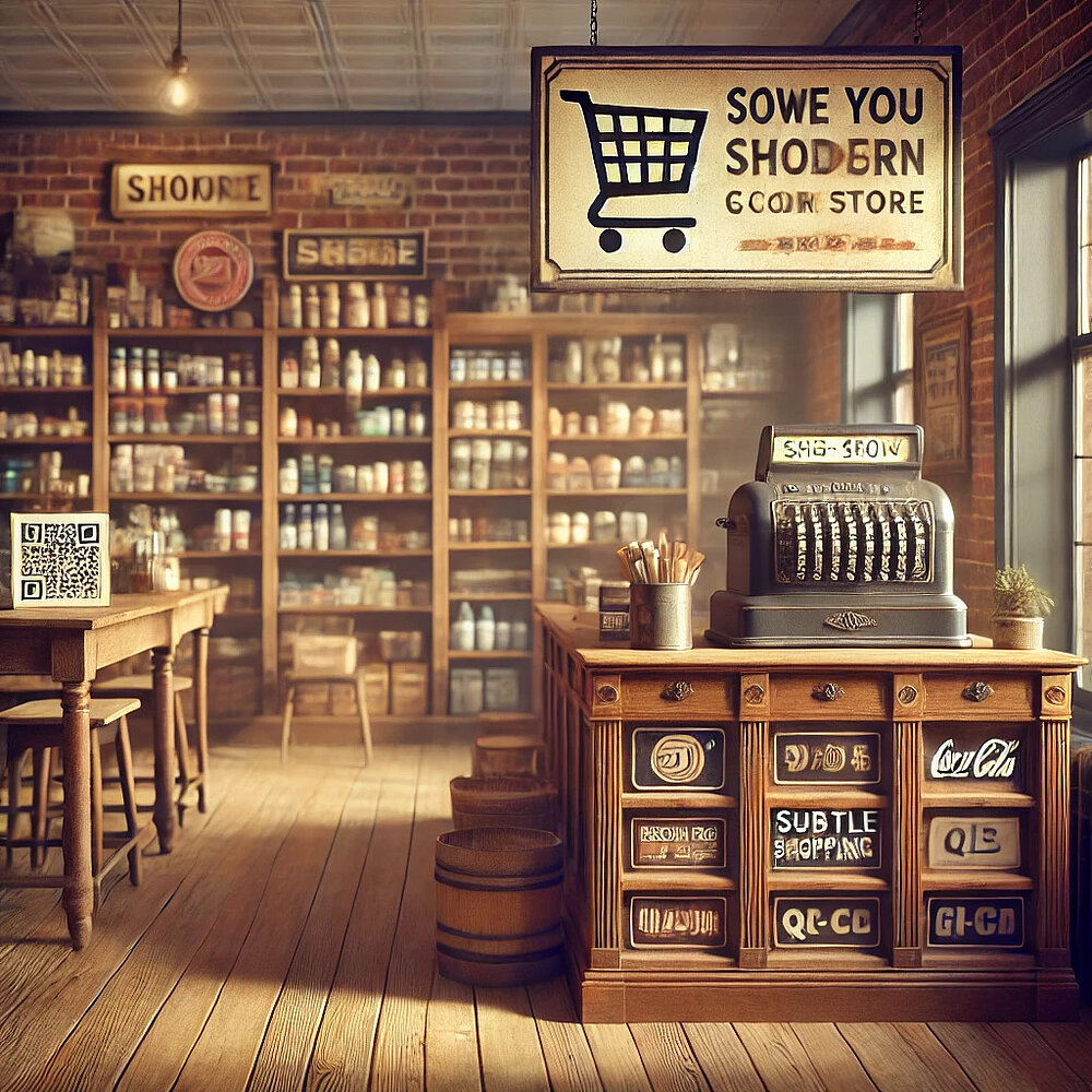 Shopware-Shops mit Persönlichkeit – von uns professionell umgesetzt Symbolbild für moderne Onlineshops mit Charakter – Retro-Ladenszene als Metapher für Shopware-Lösungen