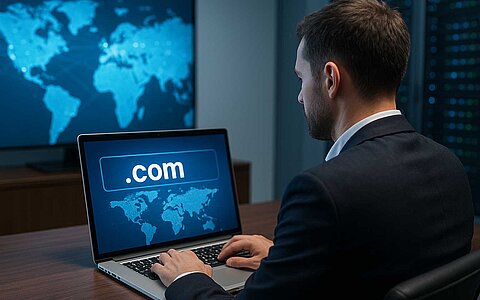 Landkarte mit Symbol-Bild für .com-Domains