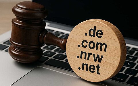 Symbolbild für Eigentümer bestimmter Domains. Richterhammer auf Laptop mit Domain-Endungen
