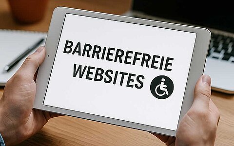 Hände halten Tablet mit Aufschrift "Barrierefreie Websites"